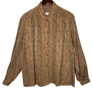 Lilli Ann Vintage Long Sleeve Button Down Top Beige Paisley